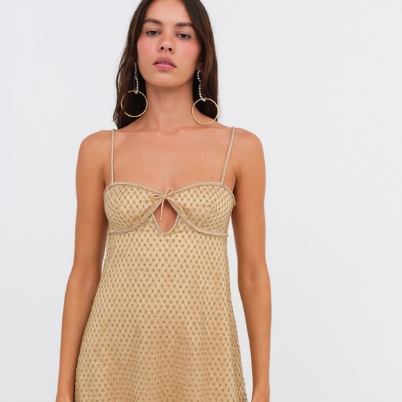 For Love & Lemons Glitter Slip Dress Size MM / Gold - Picture 1 of 3
